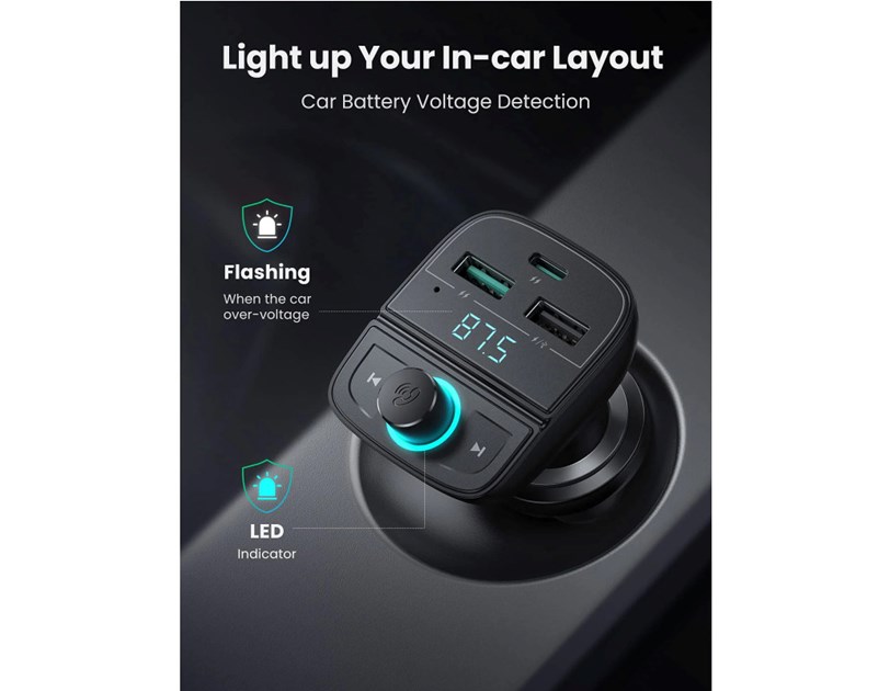 UGREEN FM transmiter za auto LED zaslon, Bluetooth, TF kartica 128 GB, USB-C, 2x USB, Quick charge 3.0, crni