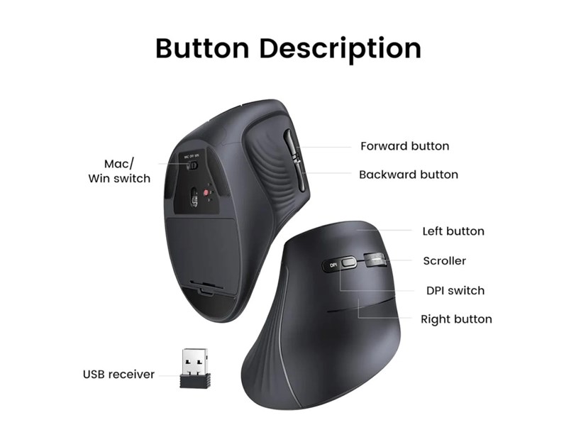 UGREEN bežični ergonomski vertikalni miš, bluetooth, 4000 DPI, USB, crni