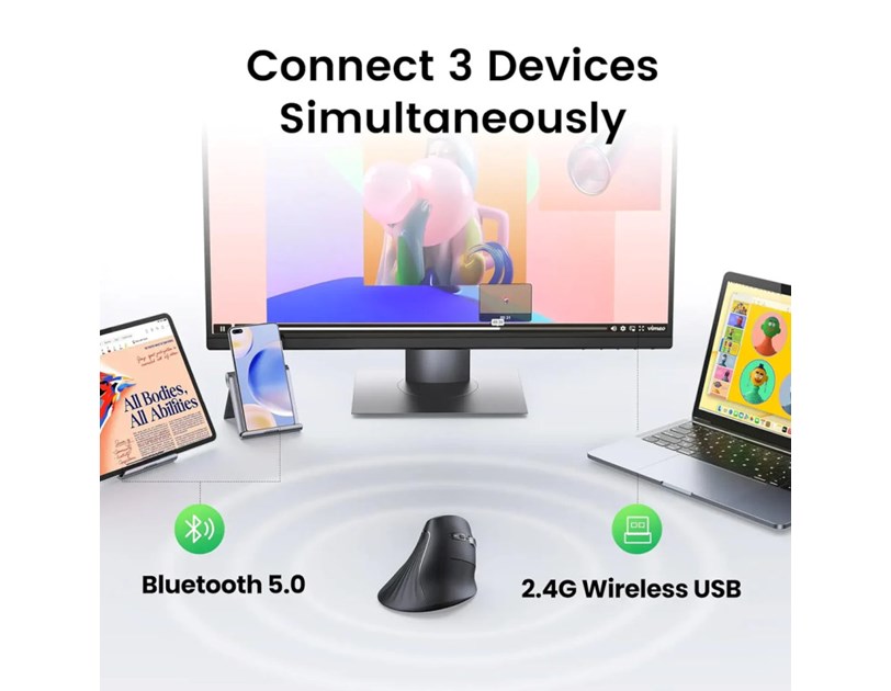 UGREEN bežični ergonomski vertikalni miš, bluetooth, 4000 DPI, USB, crni