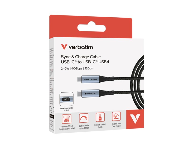 Verbatim Sync & Charge kabel USB-C na USB-C, USB4, 240W 40 Gbps zaslon 120 cm
