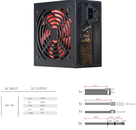 Xilence 500W RedWing R7 Edition, ATX 2.3.1, pasivan PFC, 1×PCIe, 4×SATA, 20+4-pina, 120mm ventilator, crno