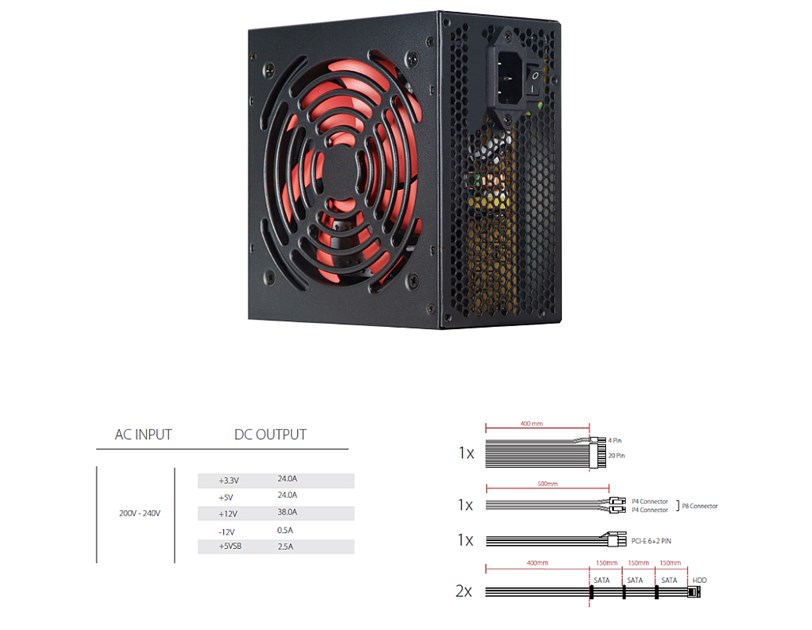 Xilence 600W RedWing R7 Edition, ATX 2.3.1, pasivan PFC, 1×PCIe, 4×SATA, 20+4-pina, 120mm ventilator, crno