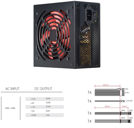 Xilence 400W RedWing R7 Edition, ATX 2.3.1, pasivan PFC, 3×SATA, 20+4-pina, 120mm ventilator, crno