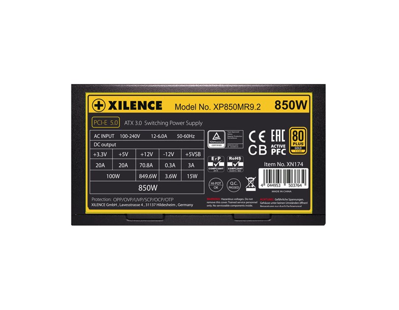 Xilence 850W Performance X+, ATX 3.0 80+ GOLD, polumodularno, aktivan PFC, 4×PCIe, 6×SATA, 20+4-pina, 140mm ventilator, crno