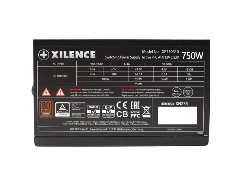 Xilence 750W Gaming, ATX 2.52 80+ BRONZE, aktivan PFC, 2×PCIe, 6×SATA, 20+4-pina, 120mm ventilator, crno