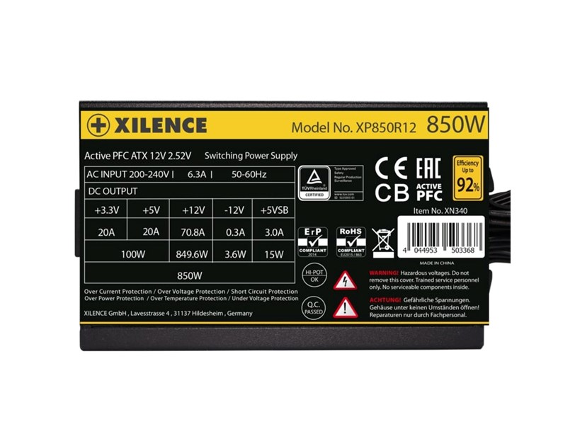Xilence 850W Gaming, ATX 2.52 80+ GOLD, aktivan PFC, 3×PCIe, 6×SATA, 20+4 pina, 120mm ventilator, crno