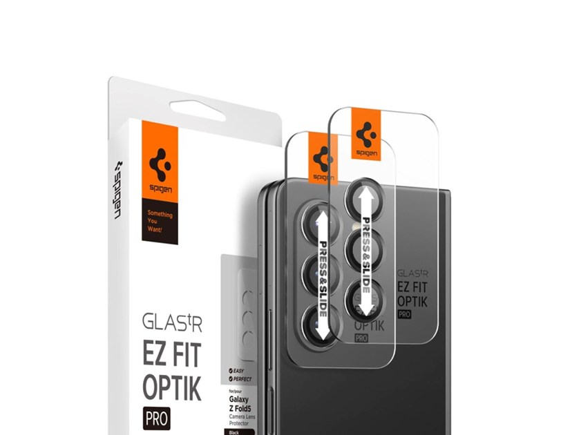 Spigen Glass tR EZ Fit Optik Pro, zaštitno staklo za kameru, 2 kom + okvir za instalaciju, crno - Samsung Galaxy Z Fold5 (AGL06524)