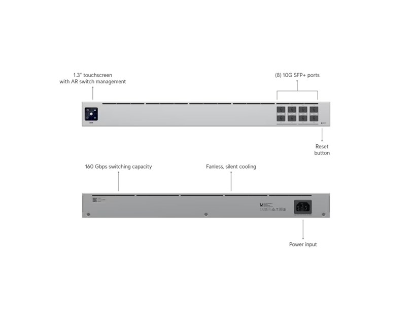 Ubiquiti UniFi Aggregation Layer2 Switch, 8×10G SFP+, Touch screen LCD, Rackmount (USW-Aggregation)