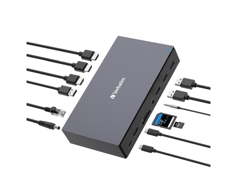 Verbatim CDS-17 portni USB-C Pro Docking Station HDMI do 8K | 2 x HDMI do 4K | 2 x DP | RJ45 | USB-A 3.2 | 2 x USB-A 3.0 | 2 x USB-A 2.0 | USB-C® 3.2 | SD | microSD | Audio | DC napajanje | USB-C Host