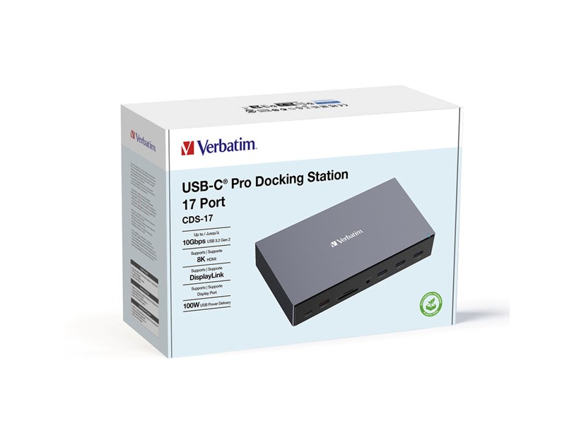 Verbatim CDS-17 portni USB-C Pro Docking Station HDMI do 8K | 2 x HDMI do 4K | 2 x DP | RJ45 | USB-A 3.2 | 2 x USB-A 3.0 | 2 x USB-A 2.0 | USB-C® 3.2 | SD | microSD | Audio | DC napajanje | USB-C Host