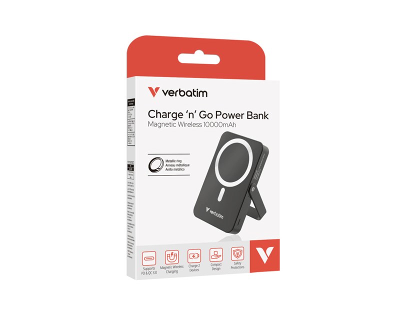 Verbatim Charge ‘n’ Go 10000mAh Powerbank sa stalkom 15W magnetsko bežično punjenje i 20W USB-C , crni