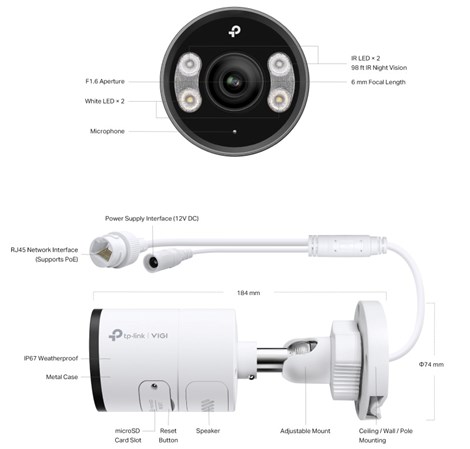 TP-Link VIGI InSight S355 Full color kamera 2K 5MP, Pan/Tilt/Rotation, H.265+, 6mm leća, RJ45, Night Vision, microSD, dvosmjerni audio, detekcija pokreta, vodootporna IP67, VIGI app