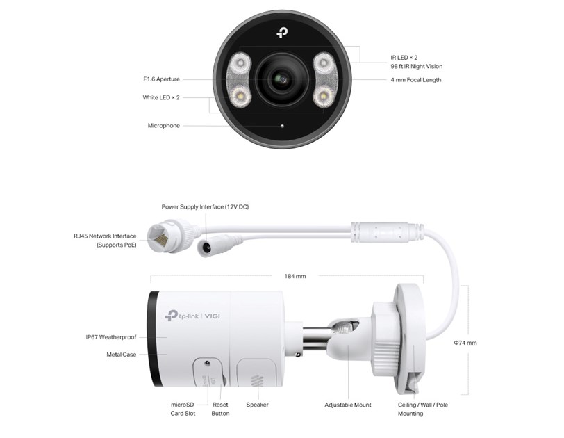 TP-Link VIGI InSight S345 Full color kamera 2K 4MP, Pan/Tilt/Rotation, H.265+,4mm leća, RJ45, Night Vision, microSD, dvosmjerni audio, detekcija pokreta, vodootporna IP67, VIGI app