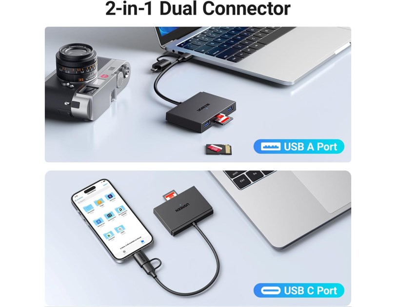UGREEN 4-portni USB-C/A HUB 2xUSB-A, 1xSD, 1xTF, sivi