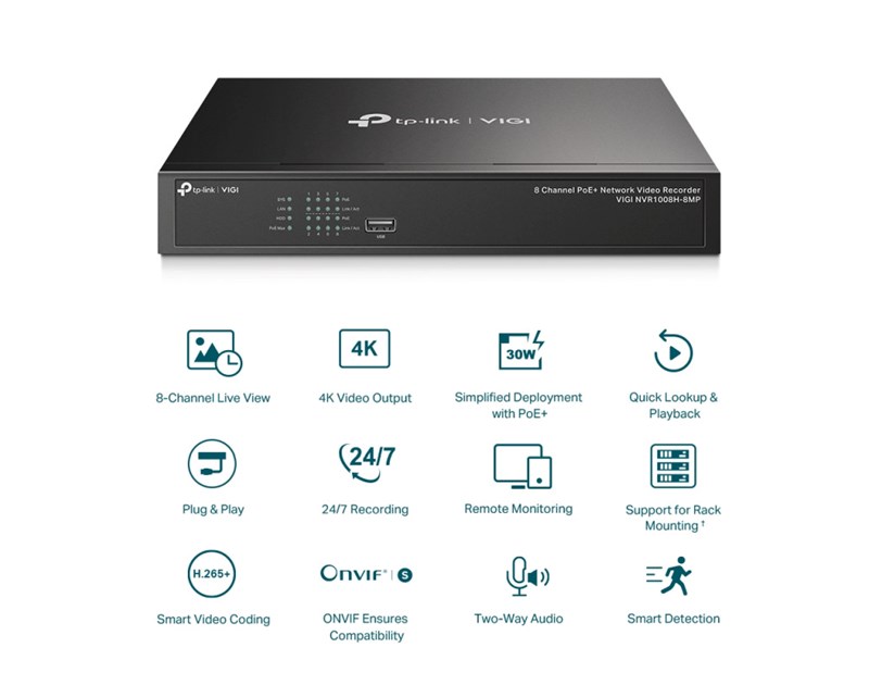 TP-Link PoE+ Network video snimač, 8 kanala, 8x10/100 Mbps PoE+ Ports, H.265+/H.265/ H.264+/H.264, 8MP, 10TB HDD, 1×SATA, VGA/HDMI, RJ-45, USB2.0×2, 2xAudio, Vigi app