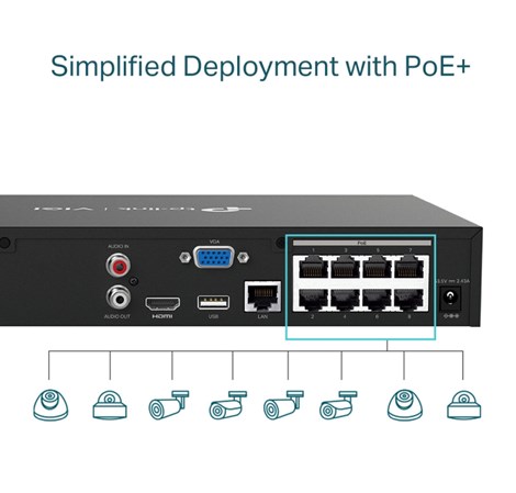 TP-Link PoE+ Network video snimač, 8 kanala, 8x10/100 Mbps PoE+ Ports, H.265+/H.265/ H.264+/H.264, 8MP, do 10TB HDD, 1×SATA, VGA/HDMI, RJ-45, USB2.0×2, 2xAudio, Vigi app