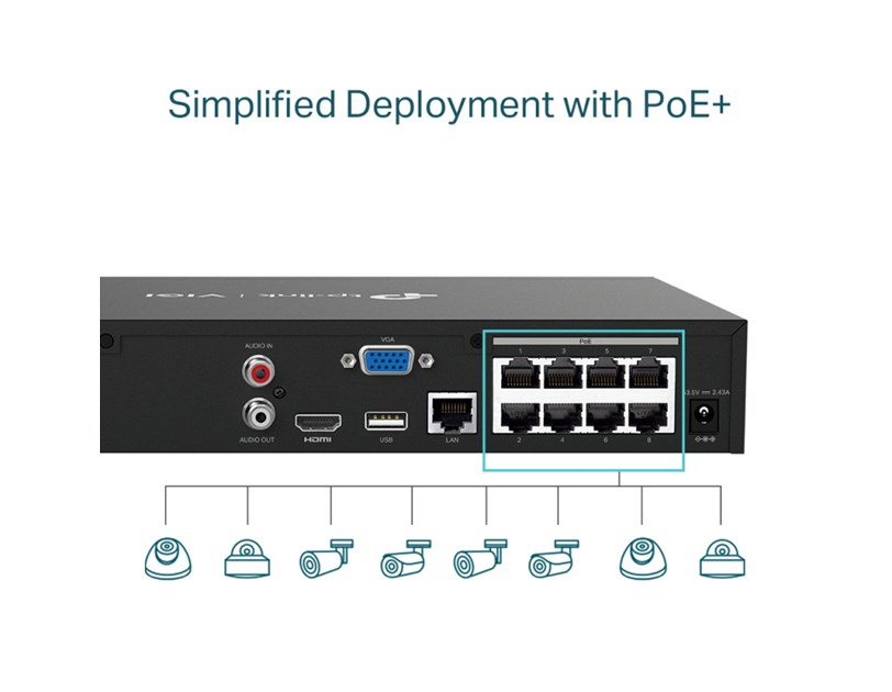 TP-Link PoE+ Network video snimač, 8 kanala, 8x10/100 Mbps PoE+ Ports, H.265+/H.265/ H.264+/H.264, 8MP, 10TB HDD, 1×SATA, VGA/HDMI, RJ-45, USB2.0×2, 2xAudio, Vigi app