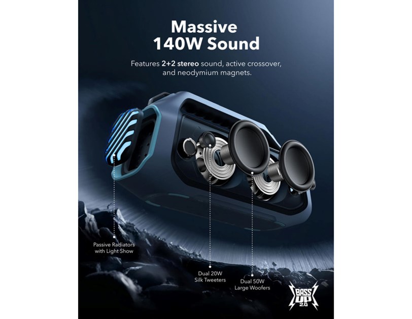 Anker Soundcore BOOM 2 Plus prijenosni BT5.3 zvučnik, 140W, IPX7, 20h reprodukcije, plavi (A3134031)