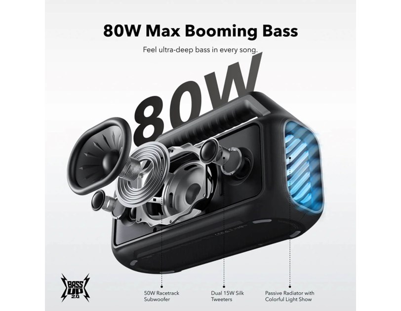 Anker Soundcore BOOM 2 prijenosni BT5.3 zvučnik, 80W, IPX7, 24h reprodukcije, crni (A3138011)