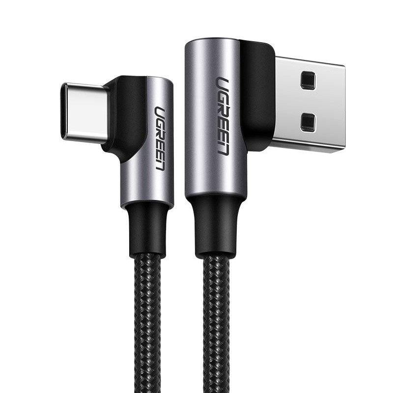 UGREEN USB-C (M) na USB-A (M), kutni 90°, 3A, pleteni kabel MFi, crni, 2.0m