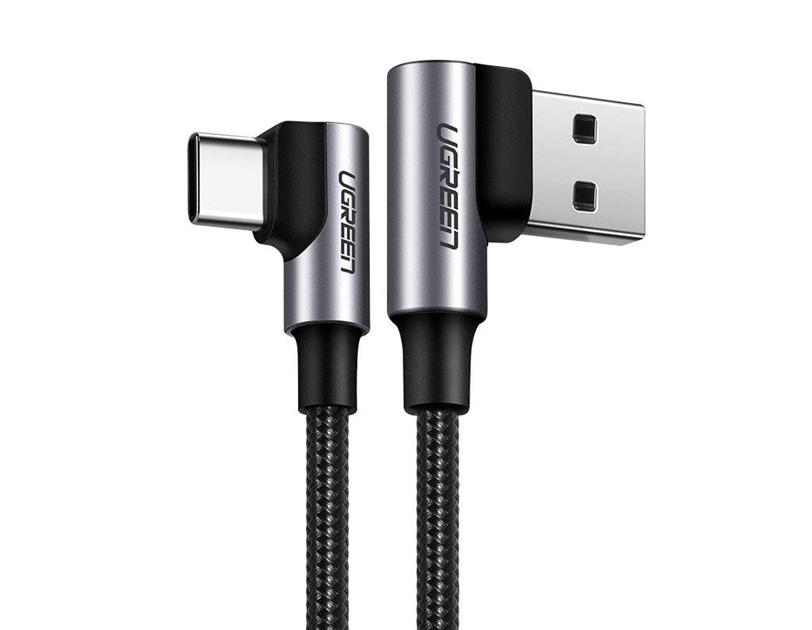 UGREEN USB-C (M) na USB 2.0 A (M), 3A, kutni 90°, crni, pleteni kabel MFi, 2m