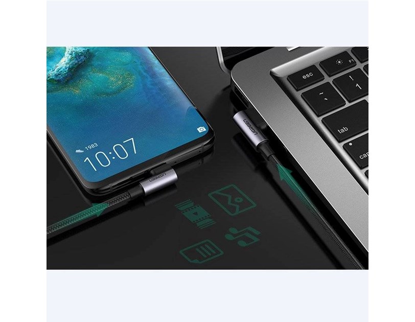 UGREEN USB-C (M) na USB 2.0 A (M), 3A, kutni 90°, crni, pleteni kabel MFi, 2m