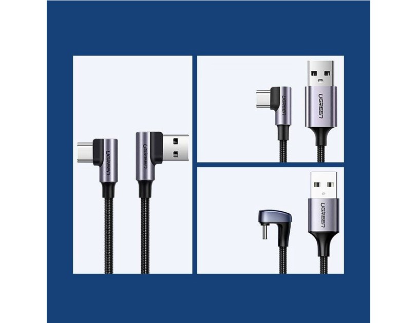 UGREEN USB-C (M) na USB 2.0 A (M), 3A, kutni 90°, crni, pleteni kabel MFi, 2m
