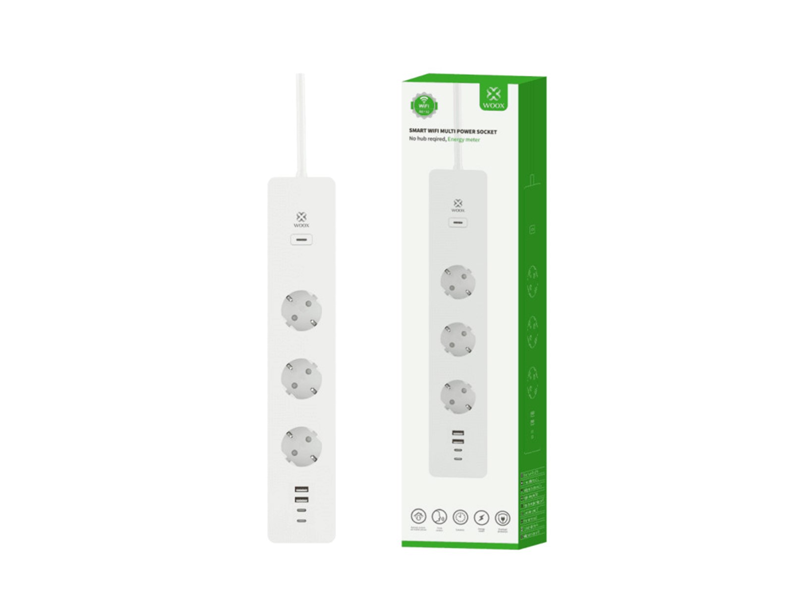 WOOX WiFi Smart multi-utičnica, 3×strujna utičnica, 2×USB-A, 2×USB-C punjač, WooxHome app, glasovna kontrola - Alexa & Google Assistant, 1.5m (R6132)