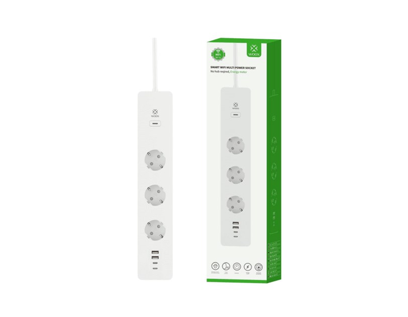 WOOX WiFi Smart multi-utičnica, 3×strujna utičnica, 2×USB-A, 2×USB-C punjač, WooxHome app, glasovna kontrola - Alexa & Google Assistant, 1.5m (R6132)