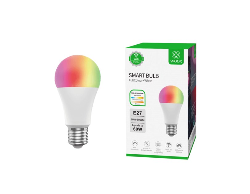 WOOX WiFi Smart LED RGB+CCT žarulja E27, 10W, 806lm, 2700K-6500K dimabilna, WooxHome app, glasovna kontrola - Alexa & Google Assistant (R9074)