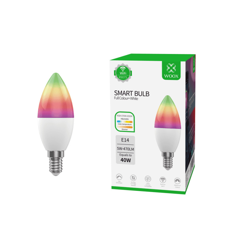 WOOX WiFi Smart LED RGB+CCT žarulja E14, 5W, 470lm, 2700K-6500K dimabilna, Woox...