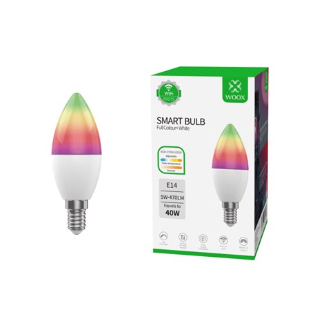 WOOX WiFi Smart LED RGB+CCT žarulja E14, 5W, 470lm, 2700K-6500K dimabilna, WooxHome app, glasovna kontrola - Alexa & Google Assistant (R9075)