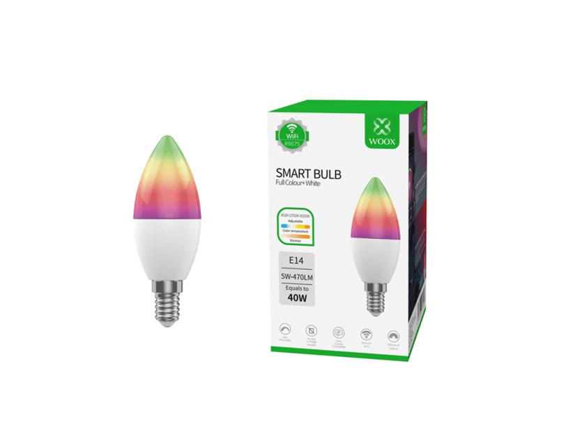 WOOX WiFi Smart LED RGB+CCT žarulja E14, 5W, 470lm, 2700K-6500K dimabilna, WooxHome app, glasovna kontrola - Alexa & Google Assistant (R9075)