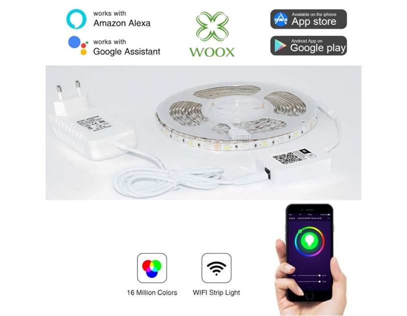 WOOX WiFi Smart LED traka RGB + toplo bijela, 5m, 24W, 150 LED, vodootporna, WooxHome app, glasovna kontrola - Alexa & Google Assistant (R5093)
