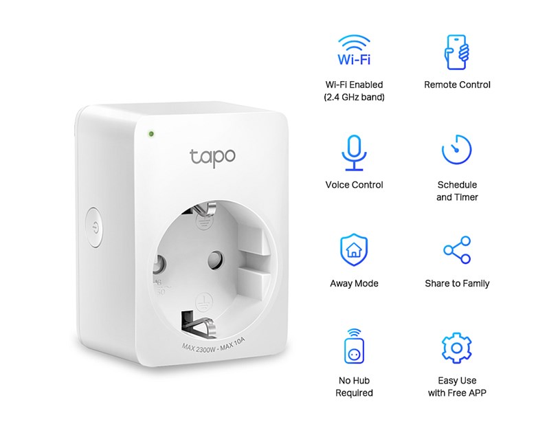 TP-Link Tapo Smart WiFi plug  2.4GHz, 802.11b/g/n, BT4.2, Tapo app, Wi-Fi kontrola, Timer/Schedule postavke, Glasovna kotrola Amazon Alexa/Google Assistant