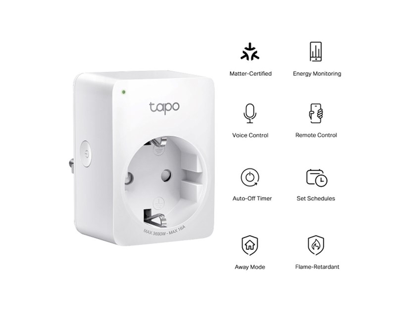 TP-Link Tapo Smart WiFi Plug Matter Standard, 2.4GHz, 802.11b/g/n, BT4.2, Tapo app, kontrola potrošnje energije, Timer/Schedule postavke, Glasovna kotrola Amazon Alexa/Google Assistant