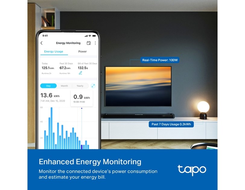 TP-Link Tapo Smart WiFi Plug Matter Standard, 2.4GHz, 802.11b/g/n, BT4.2, Tapo app, kontrola potrošnje energije, Timer/Schedule postavke, Glasovna kotrola Amazon Alexa/Google Assistant