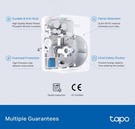TP-Link Tapo Smart WiFi Plug Matter Standard, 2.4GHz, 802.11b/g/n, BT4.2, Tapo app, kontrola potrošnje energije, Timer/Schedule postavke, Glasovna kotrola Amazon Alexa/Google Assistant