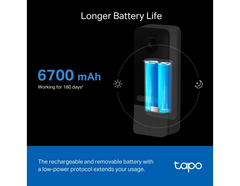 TP-Link Tapo Smart bežično zvono za vrata s video kamerom 2560×1920px, 2K 5MP, 160° dijagonalno, dvosmjerni audio, IR LED, detekcija pokreta, IP64