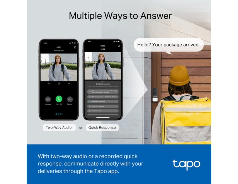 TP-Link Tapo Smart bežično zvono za vrata s video kamerom 2560×1920px, 2K 5MP, 160° dijagonalno, dvosmjerni audio, IR LED, detekcija pokreta, IP64