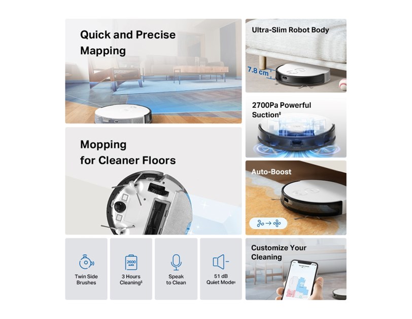 TP-Link Tapo RV20 Mop robotski usisivač i perač, LiDAR + Gyro Navigation, 2600 mAh, 400 ml Dustbin, 300ml Water Tank, WiFi/Bluetooth, Home/Alexa, Tapo APP