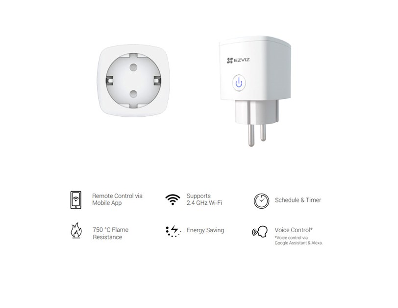 EZVIZ WiFi Smart utičnica, 10A/2300W, tajmer, EZVIZ app, glasovna kontrola - Alexa & Google Home, Wi-Fi kontrola (T30-B) 