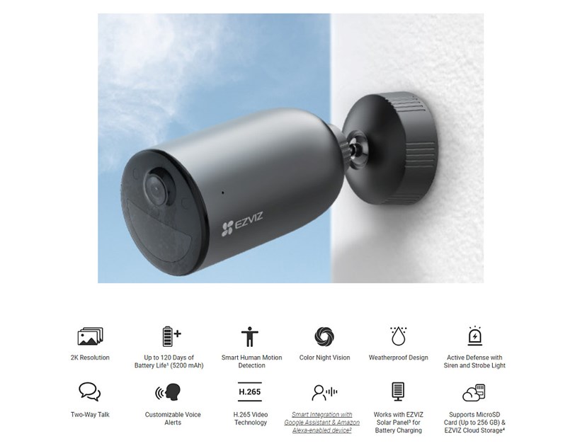 EZVIZ WiFi Samostalna Smart IR kamera s baterijom (5200mAh), 1/2.8” 3-MP Progressive Scan CMOS Sensor, 2K, dvosmjerni audio, detekcija pokreta, microSD, EZVIZ app, noćno snimanje u boji (EB3)