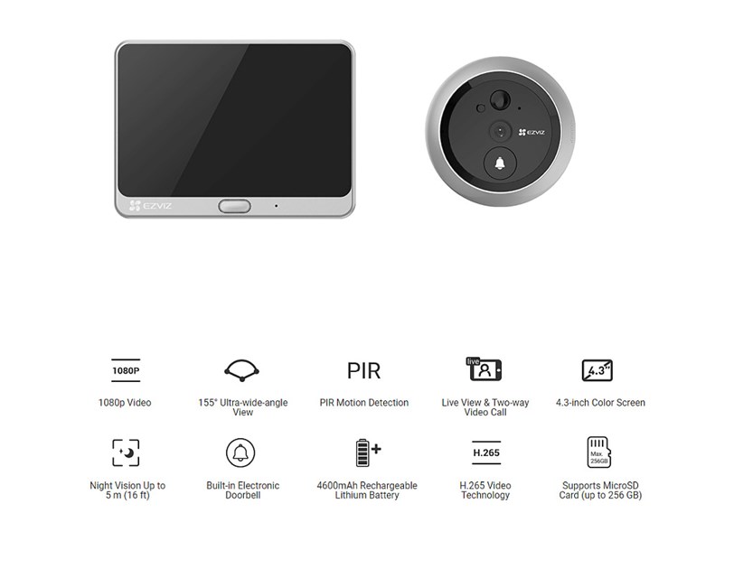EZVIZ WiFi Smart zvono za vrata sa FHD kamerom, 1/3" Progressive Scan CMOS, dvosmjerni audio, PIR, microSD, Nightvision, EZVIZ app, (DP2C)