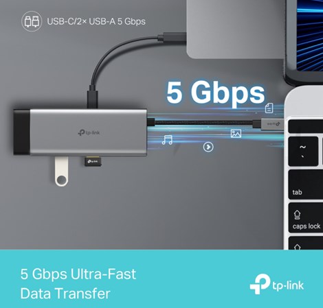 TP-Link 5-portni USB-C HUB 2xUSB-A, 1xUSB-C, 1xUSB-C PD, 1x HDMI 4K 60Hz, crni 