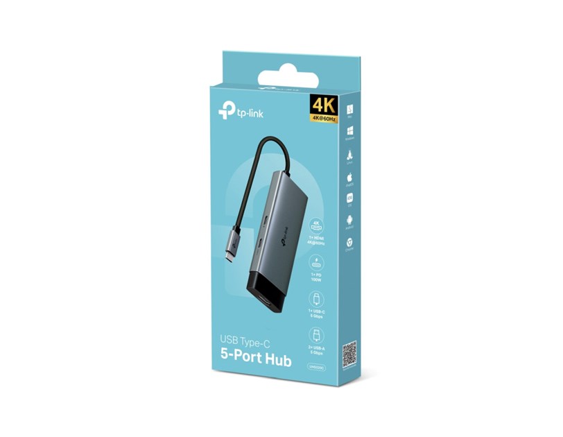 TP-Link 5-portni USB-C HUB 2xUSB-A, 1xUSB-C, 1xUSB-C PD, 1x HDMI 4K 60Hz, crni 