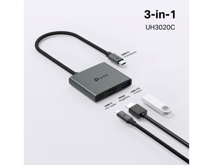 TP-Link 3-portni USB-C HUB 1xUSB-A, 1xUSB-C PD, 1x HDMI 4K 60Hz, crni 