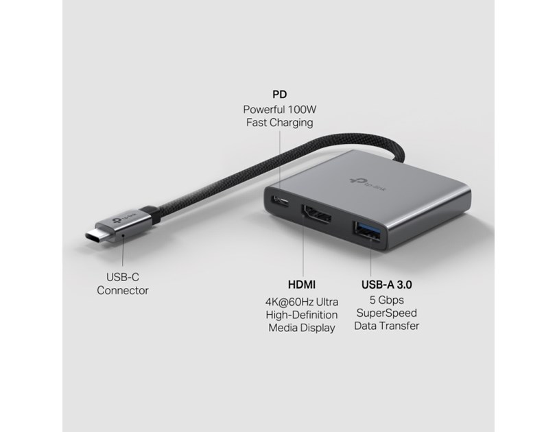 TP-Link 3-portni USB-C HUB 1xUSB-A, 1xUSB-C PD, 1x HDMI 4K 60Hz, crni 
