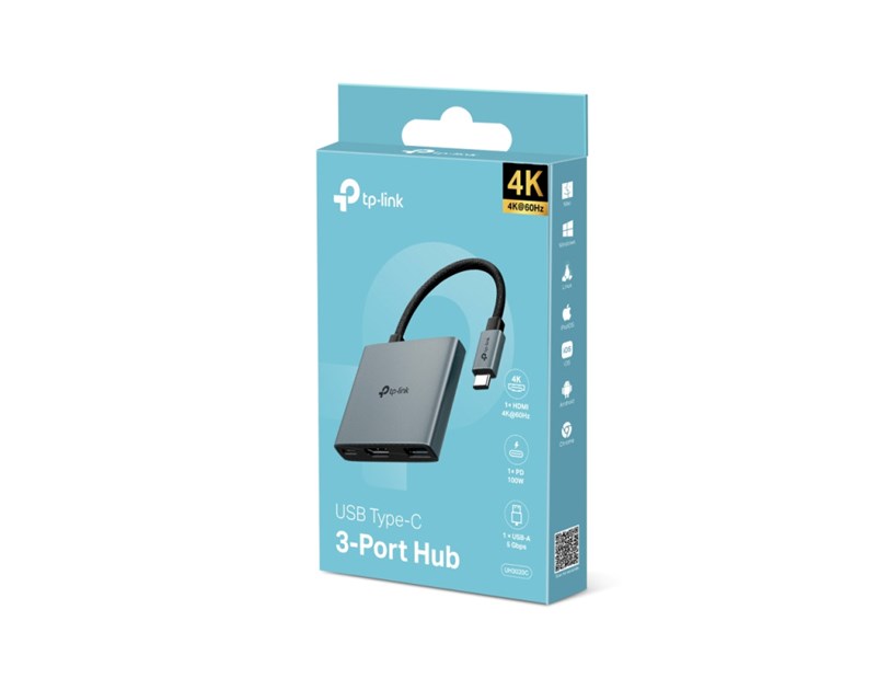 TP-Link 3-portni USB-C HUB 1xUSB-A, 1xUSB-C PD, 1x HDMI 4K 60Hz, crni 