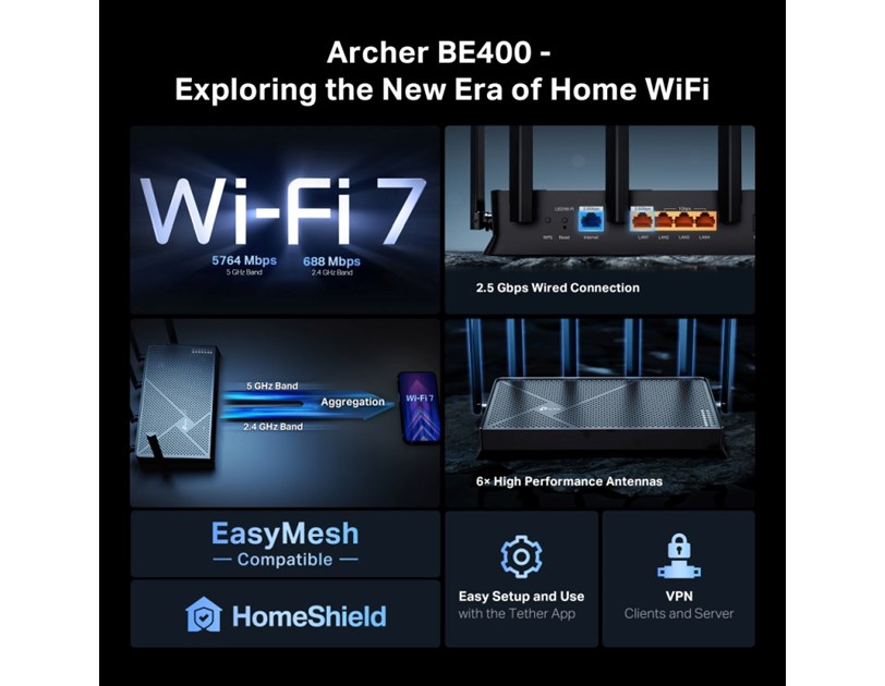 TP-Link BE6500 Wi-Fi 7 usmjerivač (Dual-Band Router Wi-Fi 7), 688Mbps/5764Mbps (2.4GHz/5GHz) MU-MIMO, 1×2.5 Gbps WAN , 1×2.5 Gbps LAN, 3×1 Gbps LAN, Tether App